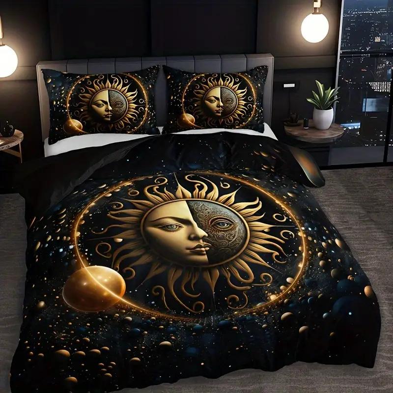 Boho Sun and Moon Duvet Cover Set Black White Floral Bedding Set Bohemian Exotic Comforter Covers Queen Bedroom Decor All Season