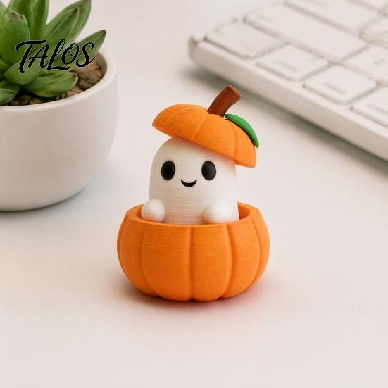 Small Ghost Ornament 3D Printed Pumpkin with Removable Figurine, Creative Halloween Desktop Miniature Figurine Decoration, Cute Statue for Home Office
