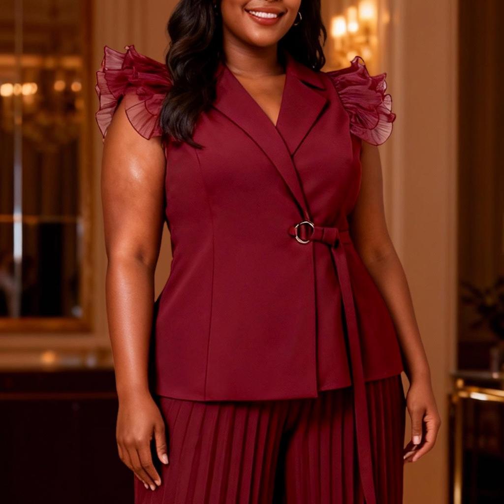 Curvy Women's Wine Red Ruffle Sleeve Suit: Waist-Cinched Slimming Pleated Wide-Leg Pants Set