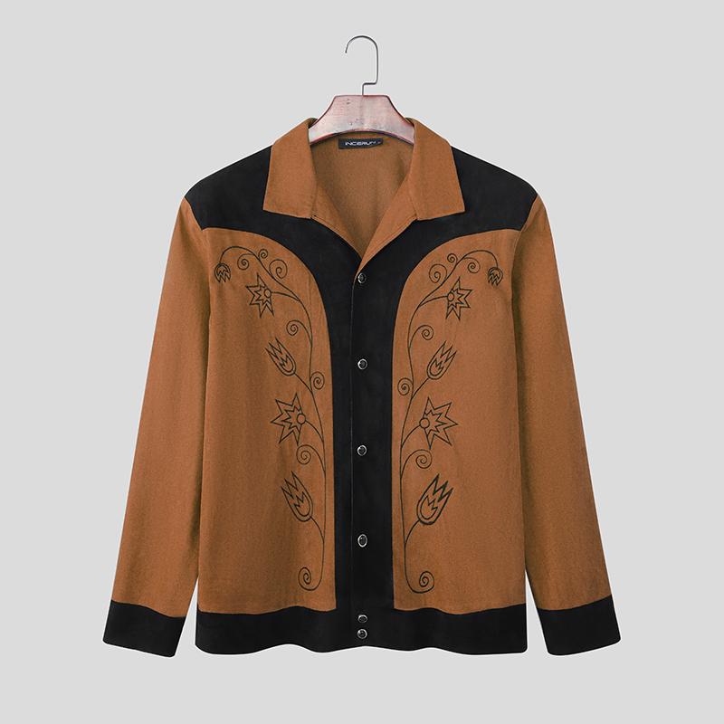 INCERUN Men Long Sleeve Embroidery Stitching Buttons Suede Casual Thin Coat Jackets