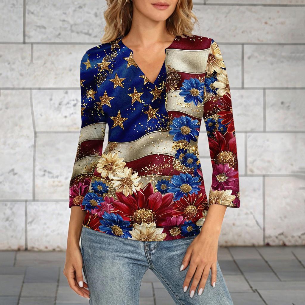 Women's 3/4 Sleeve Neck Hem V-Neck Summer Casual Base Top Independence Day Printed Top