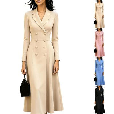 Robe blazer double boutonnage pour femme Manches longues Taille cintrée Ourlet évasé Longueur mi-mollet Robe formelle de bureau