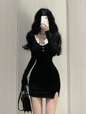 Spicy Girl Black Halter Neck Long Sleeve Sexy Bodycon Mini Dress for Women