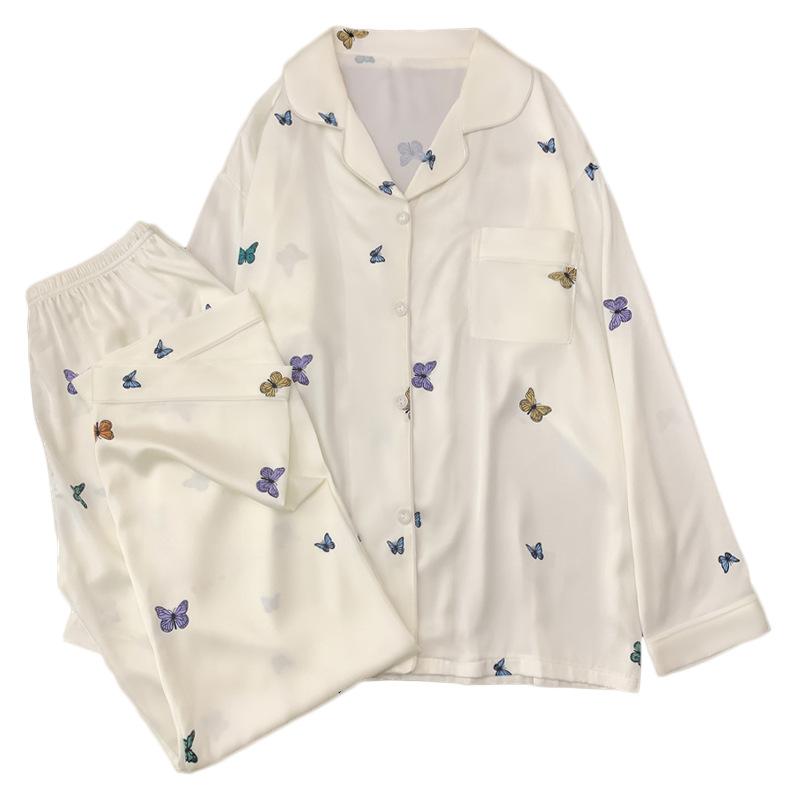High-Quality Fashion Pajamas Women'S Autumn Long-Sleeved Suit Ice Silk Butterfly Printing Casual Loungewear Real Shot