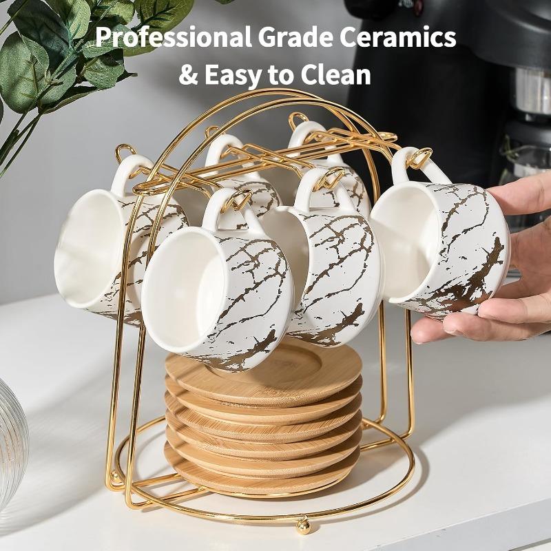 Ceramic Espresso Cups with Saucers and Metal Stand, Small 4 oz Porcelain Demitasse Cups Set of 6, Cute Cappuccino Coffee