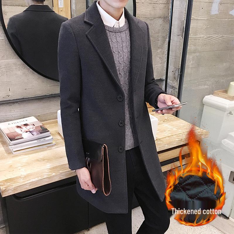 Men's Autumn Winter Wool Trench Coat, Korean Style Slim Fit, Mid-Length, Thickened for Warmth