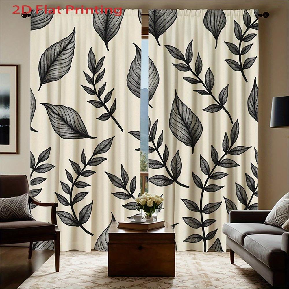 Set Of 2 Flat Black Leaf Pattern Beige Background Curtains Semi Polyester Fabric Design Sheer Made Machine Washable