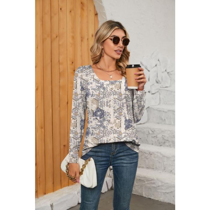 Autumn Women's Blouse Long Sleeve Square Neck Loose Comfortable Casual Printed Top