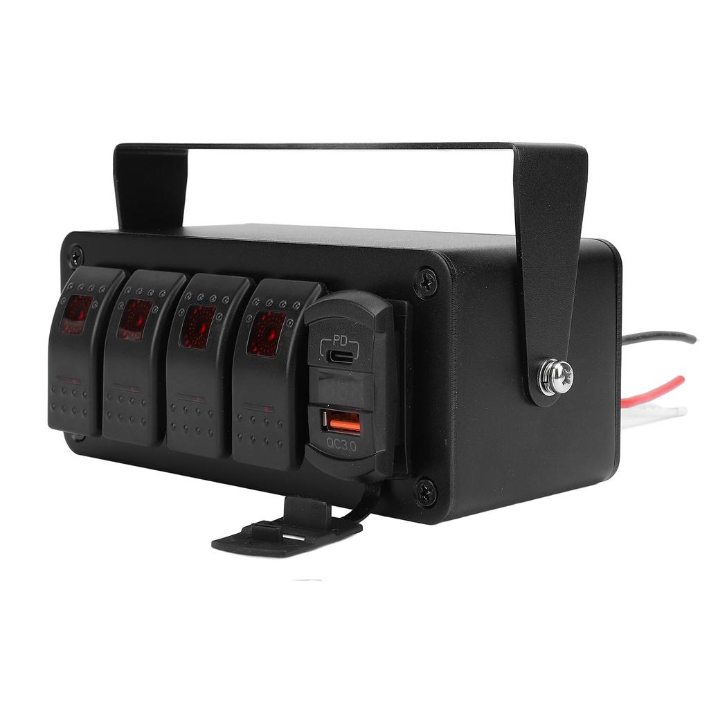 4 Gang Rocker Switch Panel with PD Type C QC3.0 USB Charger Waterproof Universal Fit for Car Truck Boat RV UTV ATV Red
