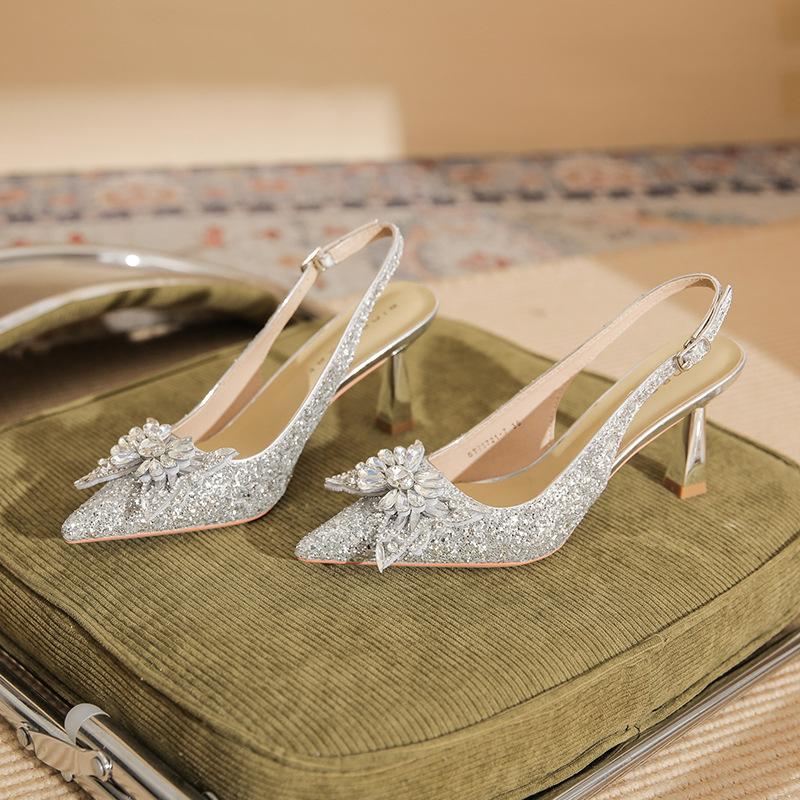 7521-7 [sheepskin] High-heeled Wedding Shoes Women's Thin Heels 2025 New Pointed Sandals Rhinestone Bow Shoes