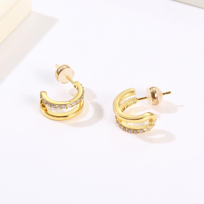Elegant Double-Layered Rhinestone C-Shaped Earrings - Versatile Gold/Silver Ear Clips for Women