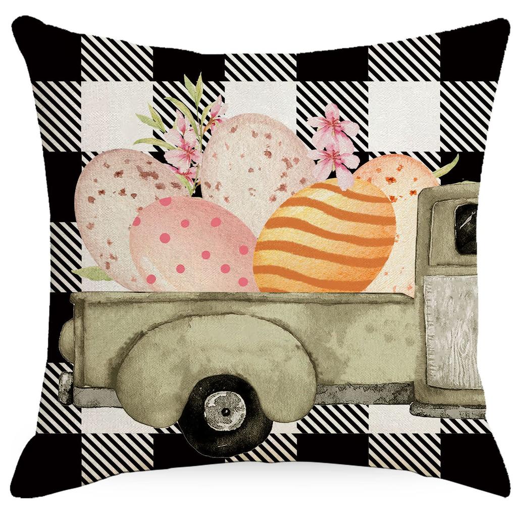 Easter Bunny Printed Linen Pillow Cover Spring Black and White Plaid Pillow Cover