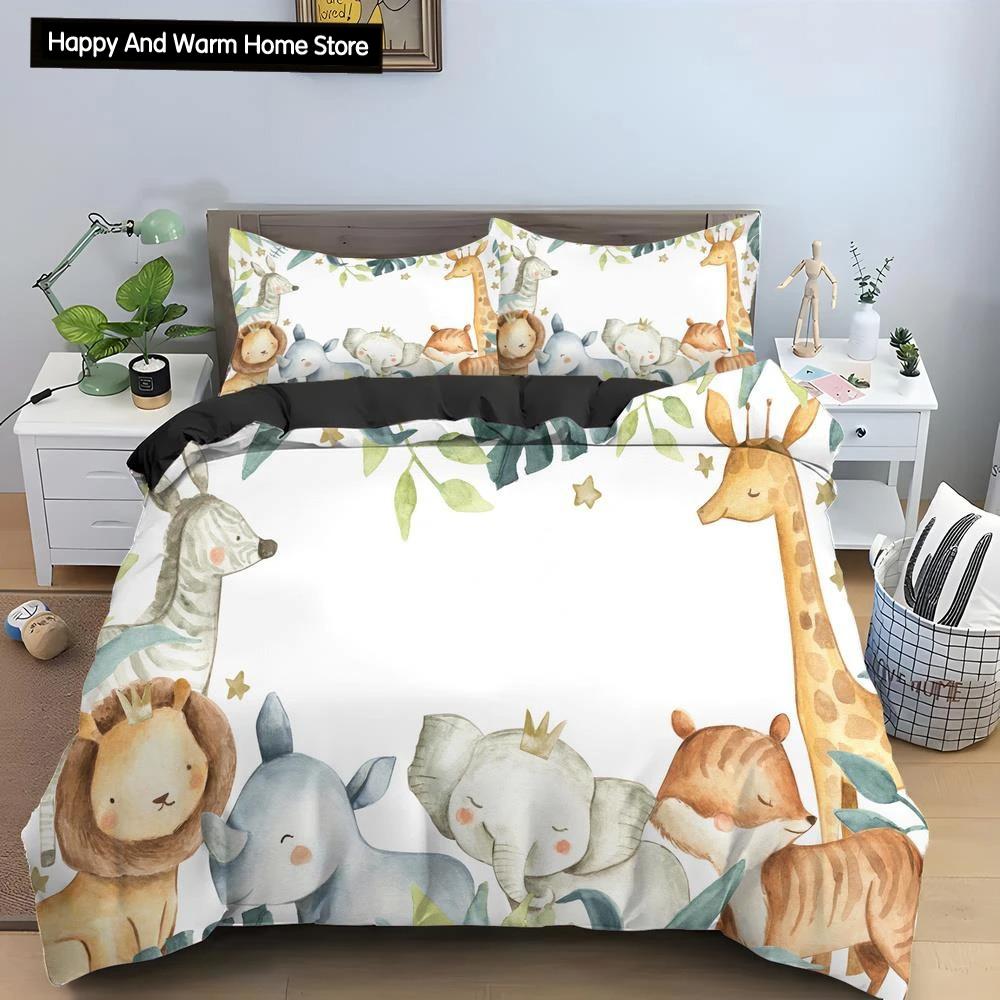 Cartoon Giraffe König Königin Bettbezug Jungen Mädchen Tier Bettwäsche Set Wildtiere Deckenbezug Polyester Bettdecke