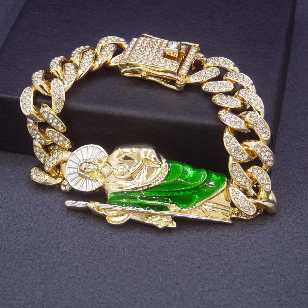 A Fashionable Zinc Alloy Cuban Chain Bracelet with Glitter Decoration and Shengling Pendant, Non-Magnetic, Non-Coated Jewelry Gift