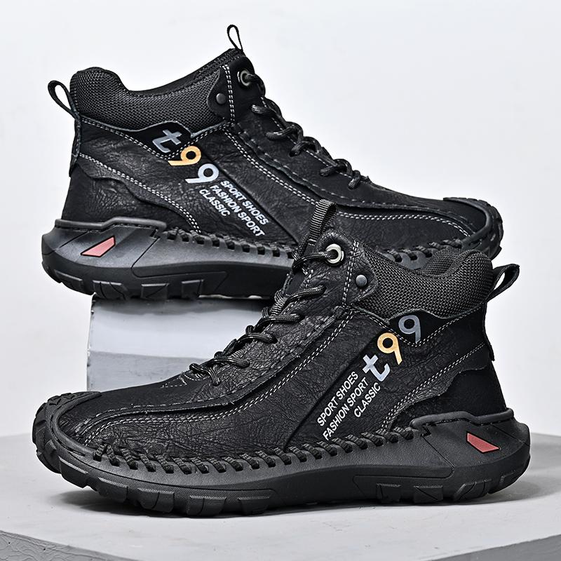 Daily Wear Men Winter Warm Boots Lace-Up Leather High Top Shoes Anti-Slip Hiking Motorcycle Boots Versatile Man Treking Footwear