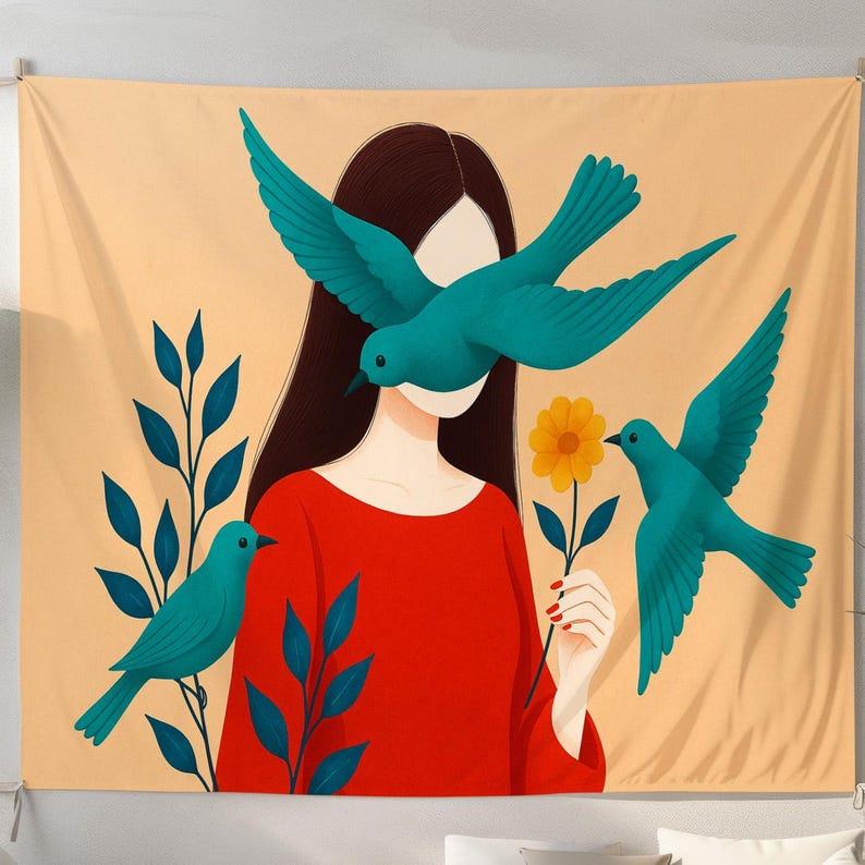 Girl and Bird tapestry 75x100 чёрный
