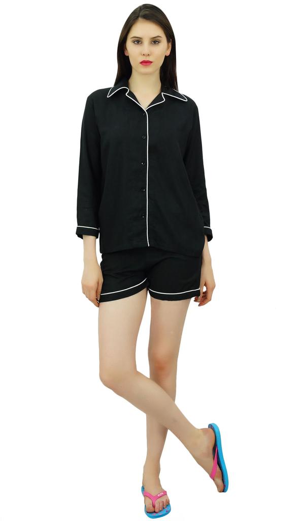 Bimba Button-Down Shirt With Elastic Waist Shorts 2 Pcs Full Sleeve Night Wear