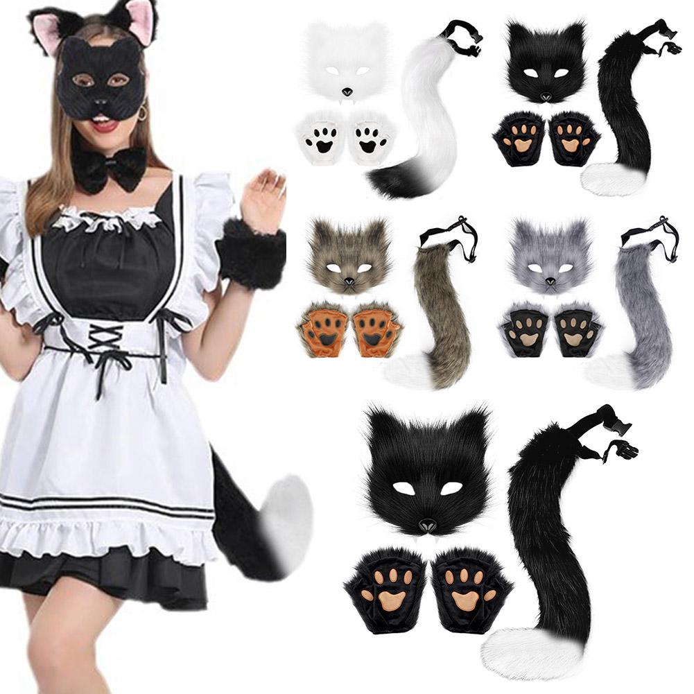 Yiran Sexy Lingerie Unisex Fluffy Fur Tail Mask Gloves Cat Paws Hands Gloves And Wolf Therian Mask Set For Halloween Cosplay Costume Party Accessories