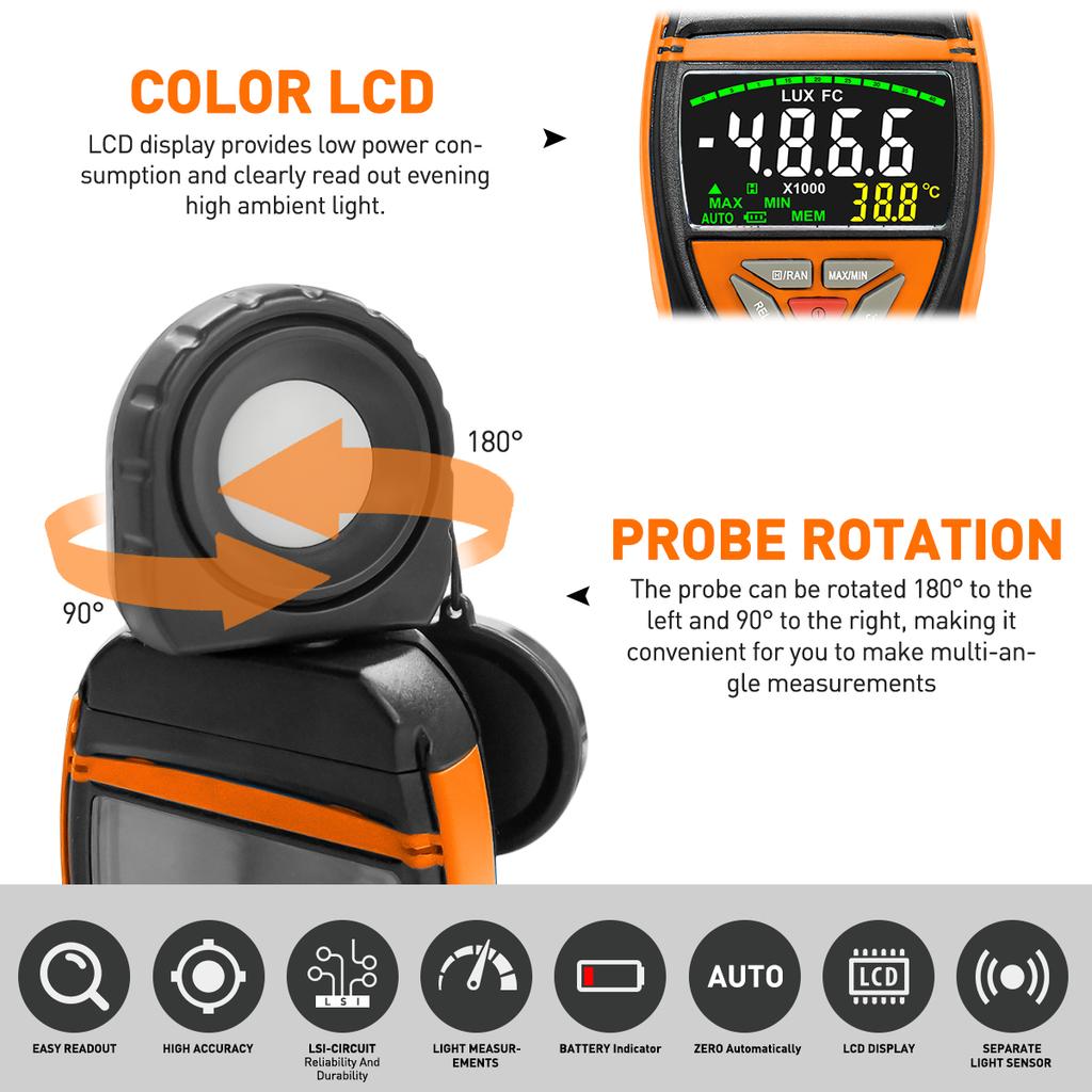 Digital illuminance meter,High accuracy and fast response,Light detector: used for light detection,LCD display,1-400,000Lux