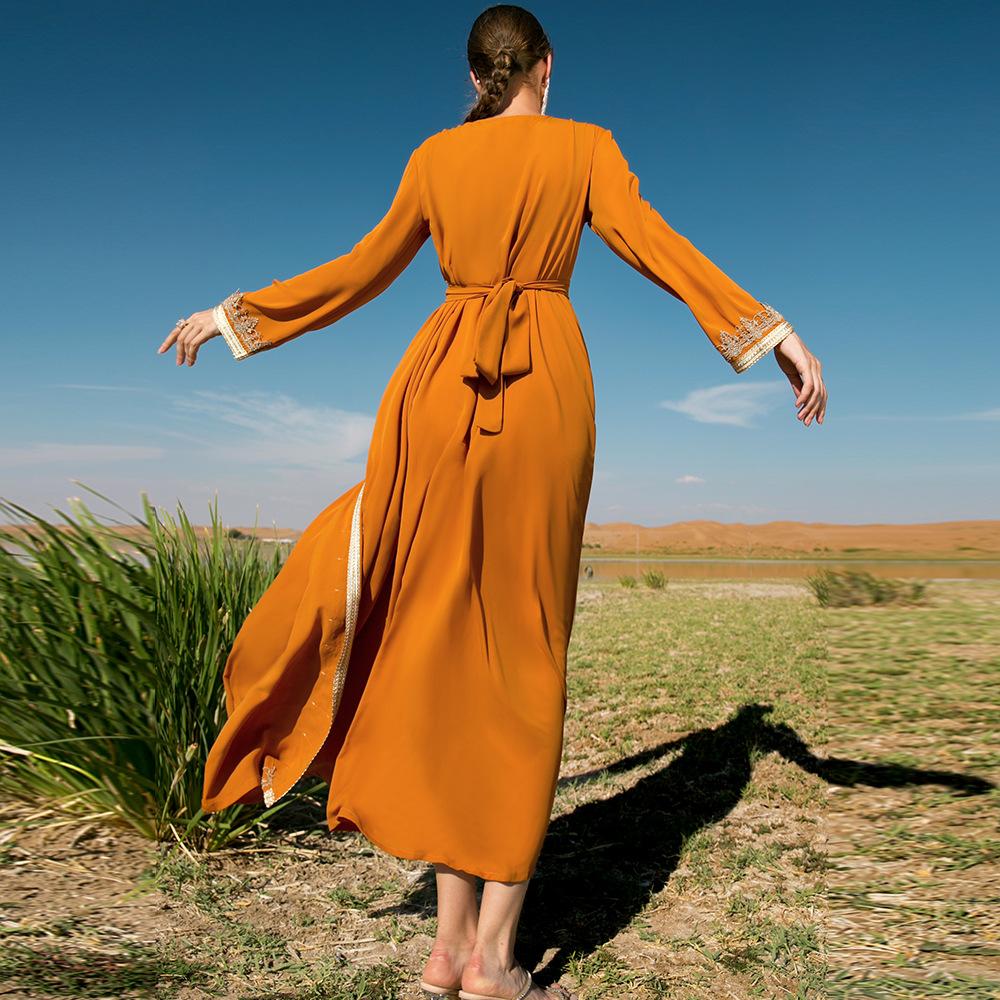 Women's Clothes Solid Color Handmade Rhinestone Stitching Lace Slim Fit Fake Two Piece Muslim Dress