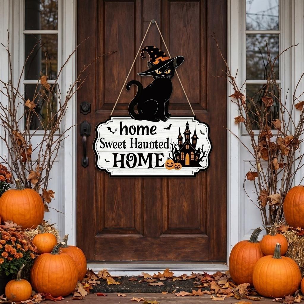 Cartello di Benvenuto in Legno di Halloween con Zucca Decorazione Rustica da Appendere sulla Porta d'Ingresso