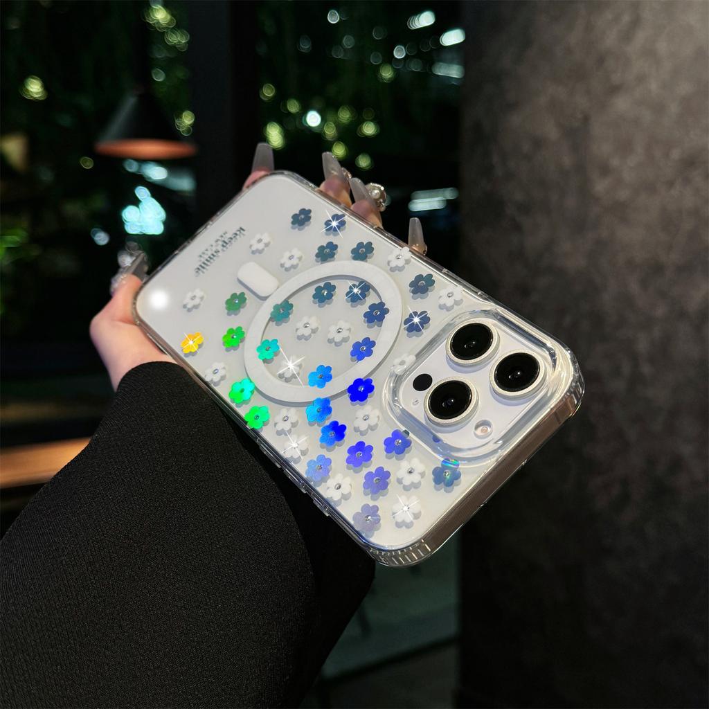 For iPhone 15 Pro Case Compatible with MagSafe Laser Flower PC+TPU Clear Phone Cover