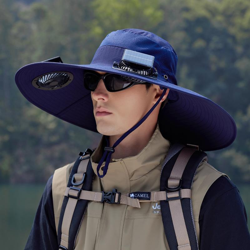 Wide Brim Solar Fan Outdoor Fishing Hat-Solar & USB Charging, Outdoor Sun Hat with Solar Fan with 2 Solar Fan