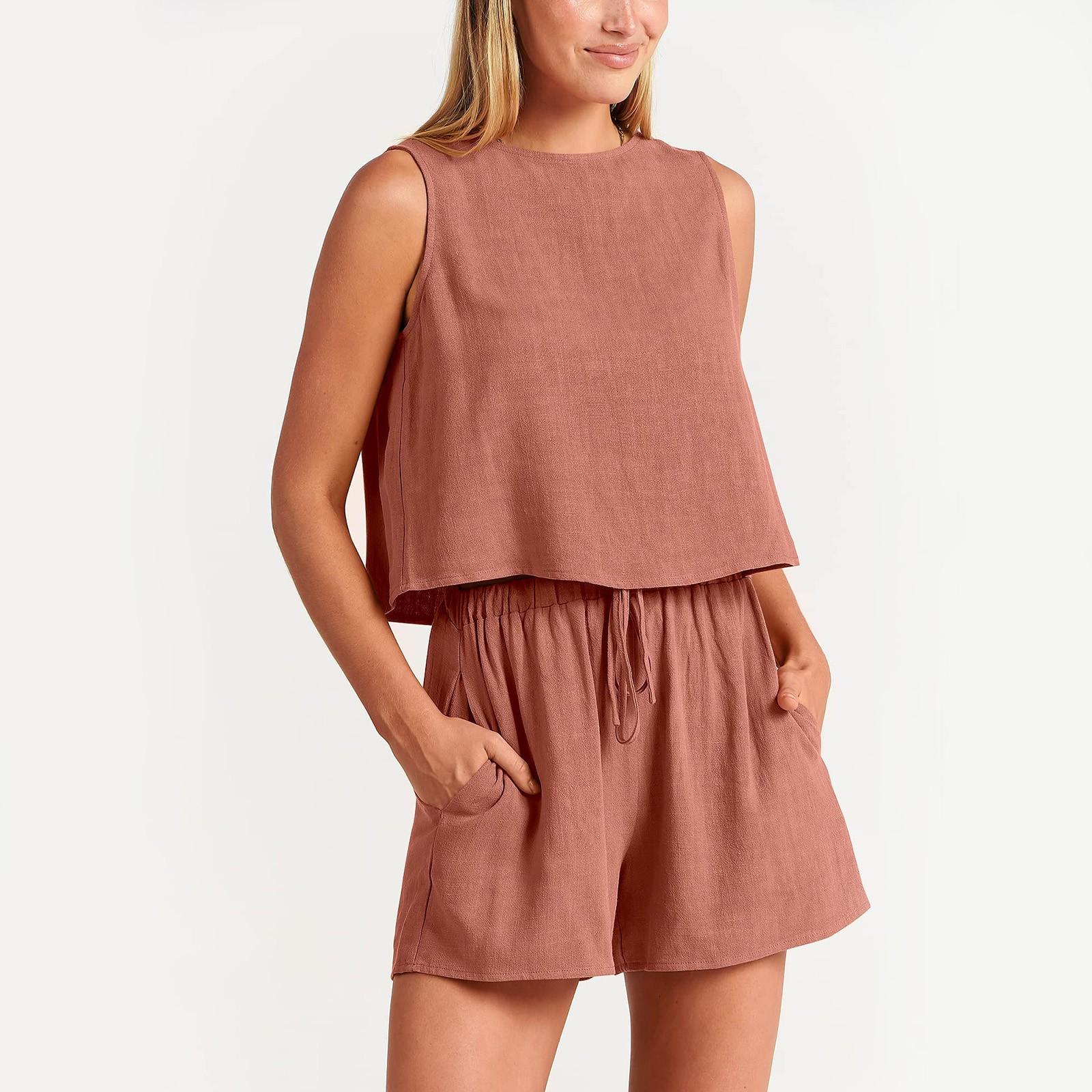 

Женские летние однотонные комплекты из 2 предметов, шорты, майка без рукавов и шорты с высокой талией S розовый