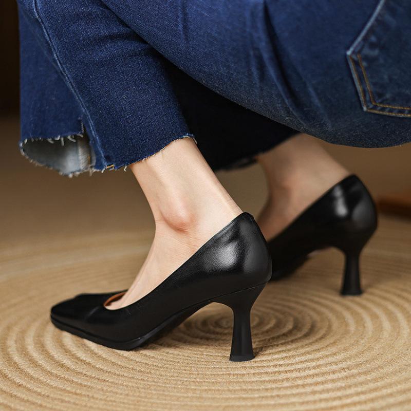 New women's high-heeled single shoes, one-pedal lazy shoes, square head, thin heel, beef tendon soft sole, women's leather shoes in all seasons