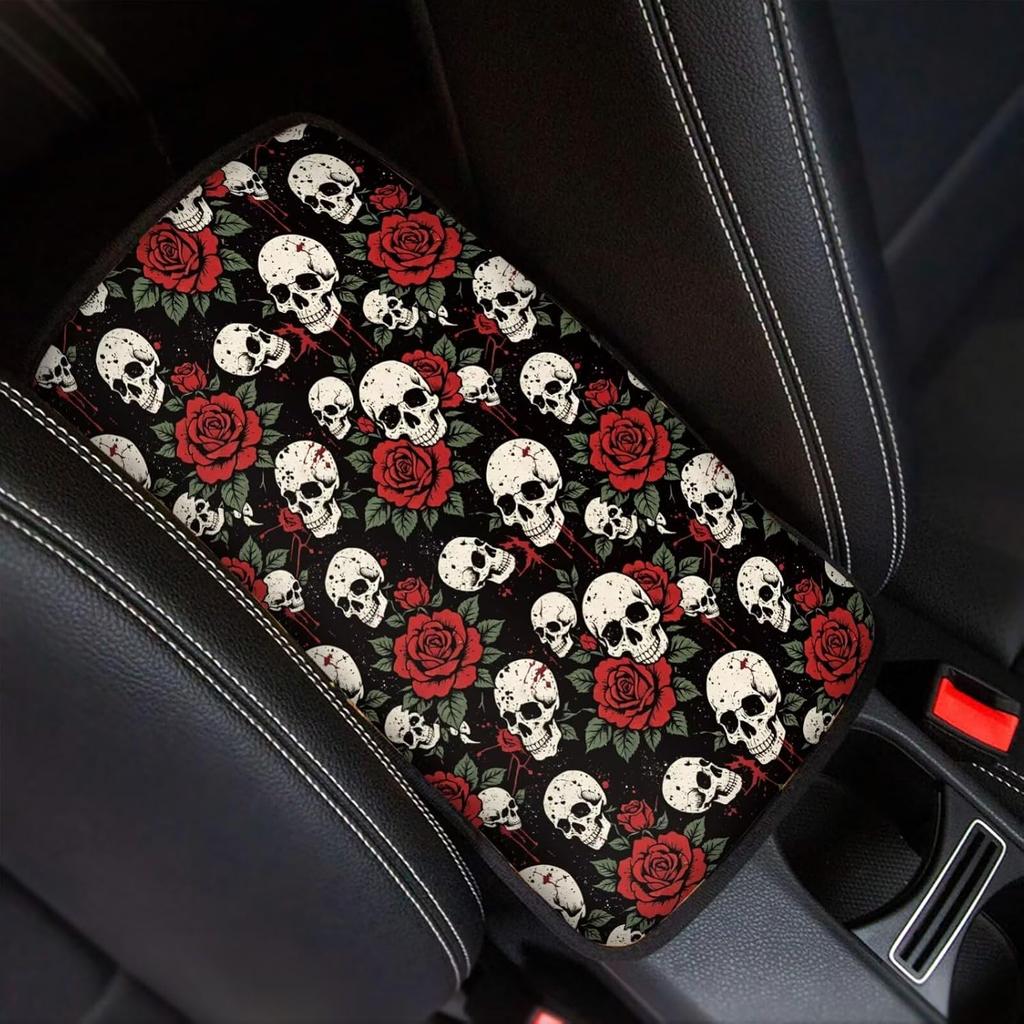 Dreaweet Stylish Spider Web Printed Black Car Center Console Armrest Cushion Cover Pad Soft Car Armrest Seat Box Cover Protector Auto Car Interior