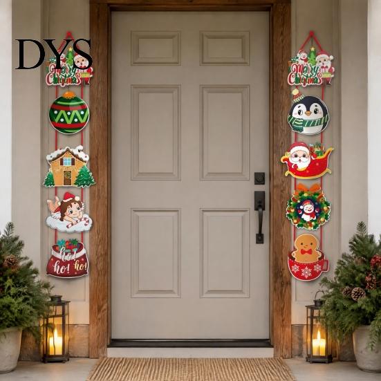 Festive Door Embellishment 1 Pair Christmas Hanging Banner Porch Sign, Merry Snowman Santa Claus Decor Penguin Pattern Backdrop for Front Door,
