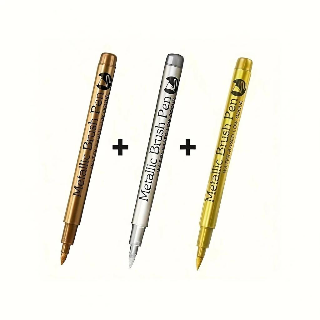 3pcs Metallic Color Marker Pens Golden, Silvery, and Copper Permanent Paint Pens for Crafts, Scrapbooking, and Fabric Art