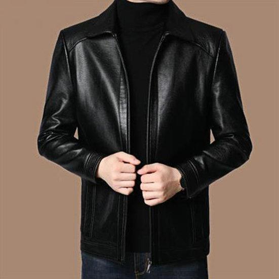 Men Jacket Faux Leather Solid Color Stand Collar Smooth Thick Warm Long Sleeve Zipper Neck Protection Motorcycle Windproof Cool Autumn Winter Jacket