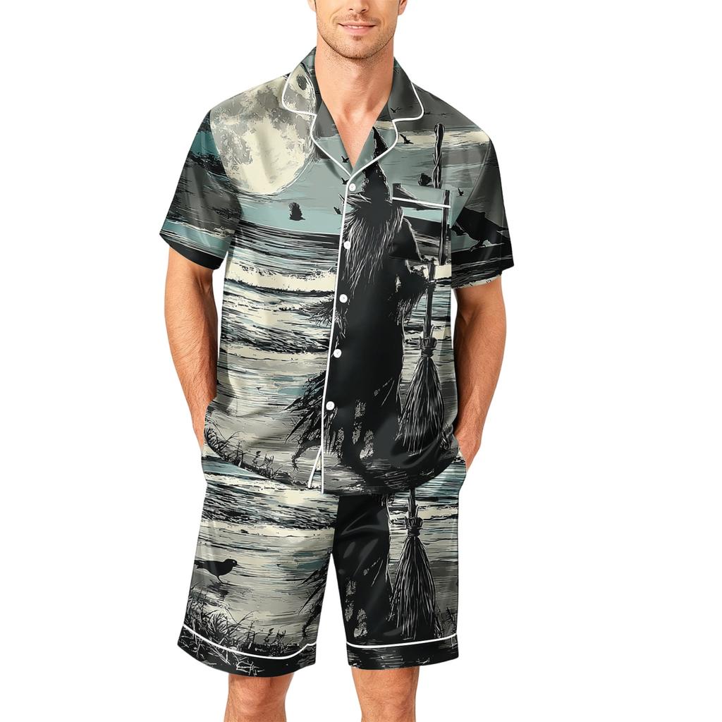 Men's Short Sleeve Pajama Set Button Down Shirt with Curved Hem and Matching Shorts Soft Casual Lounge Sleepwear S To XXXXL
