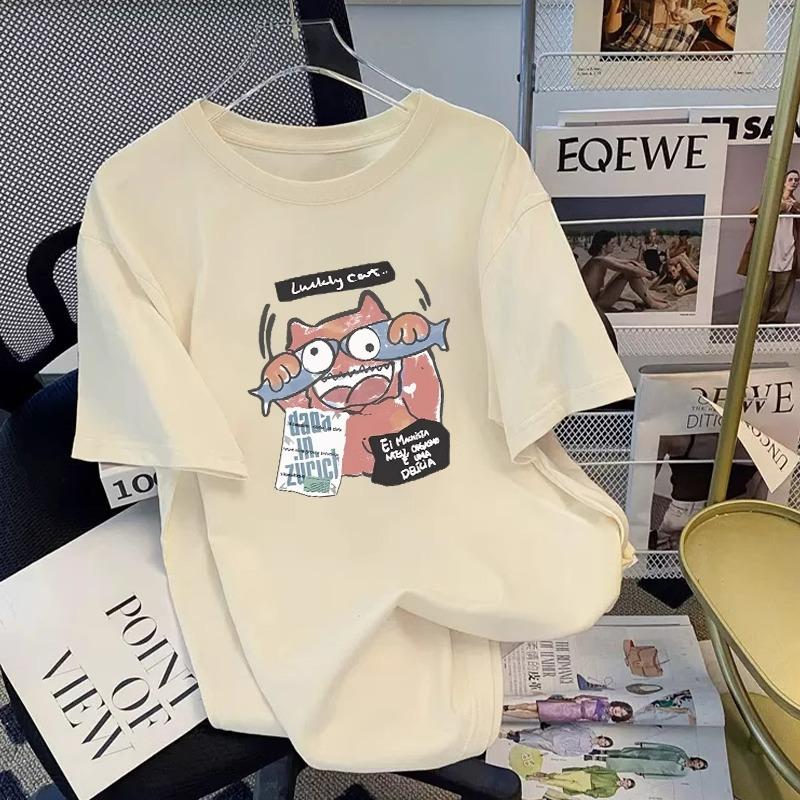 American retro cotton short-sleeved T-shirt women's summer design sense European goods medium and long round neck printed t-shirt top tide