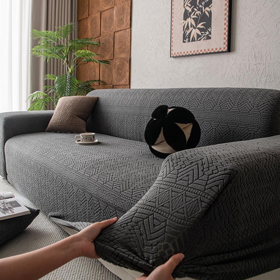 Polar Fleece Jacquard Sofa Cover With Geometric Pattern High Elasticity Pet-Friendly Stain-Resistant All-Season Use Machine Wash