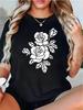 Camisetas Cómodas De Verano Para Mujer Manga Corta Cuello Redondoestampado De Rosas Blancas Y Negras Ropa Informal De
