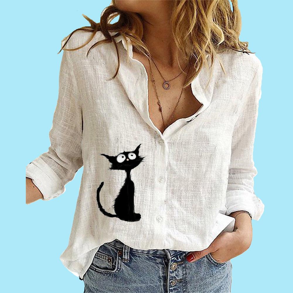 Women Fashion Buttoned Long Sleeve Shirt Ladies Casual Thin Cotton Linen Print Top Stand Neck Long Sleeved Blouse