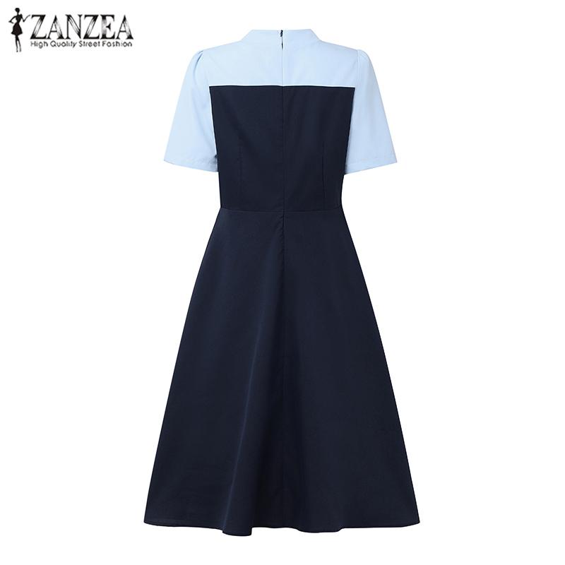 ZANZEA Rochie Casual de Damă cu Funde, Gât în V, Mânecă Scurtă, Patchwork