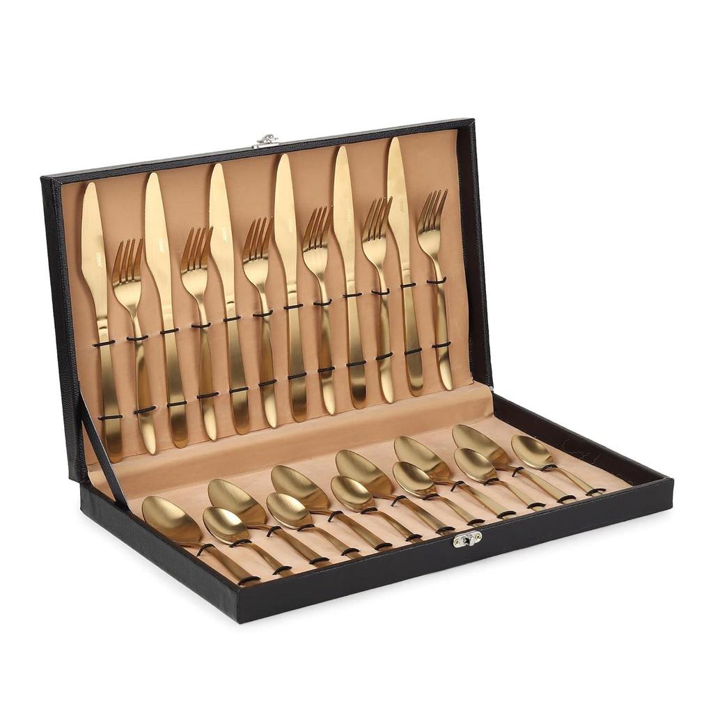 Mirror Finish Stainless Steel Cutlery Set with Portable Box, 24-Piece Set: Gold PVD Coated Include Knife/Fork/Spoon/Teaspoon