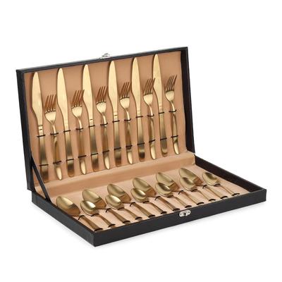Conjunto de Talheres de Aço Inoxidável com Acabamento Espelhado com Caixa Portátil, Conjunto de 24 Peças: Revestido em PVD Dourado Inclui Faca/Garfo/Colher/Colher de Chá