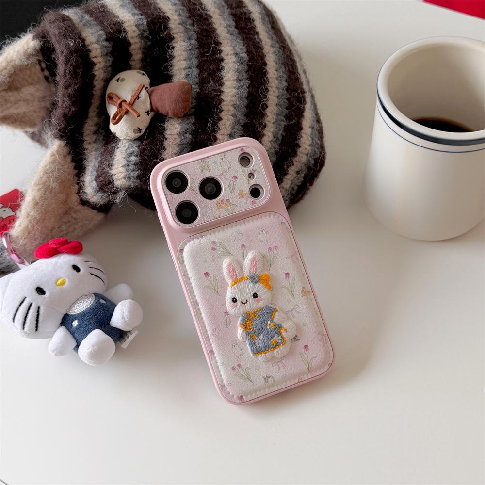 Large Window Rabbit Embroidery iPhone 15/14 Pro Max Anti-Fall Case