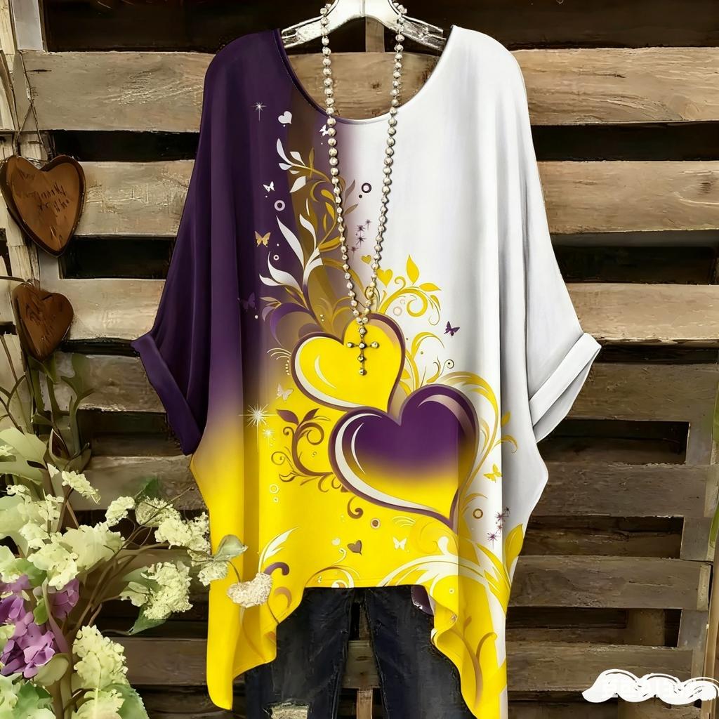 Damen Elegantes Bohemian Zweifarbiges T-Shirt - Herz & Blumendruck Mit Schmetterling Damenbekleidung Trend 2025 Grafik T-Shirts
