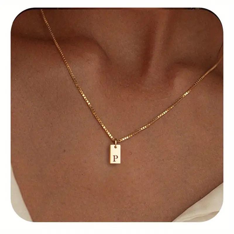 Exclusive 18K Gold Vacuum-Plated Stainless Steel Engraved Square Pendant Necklace with Alphabet Letters