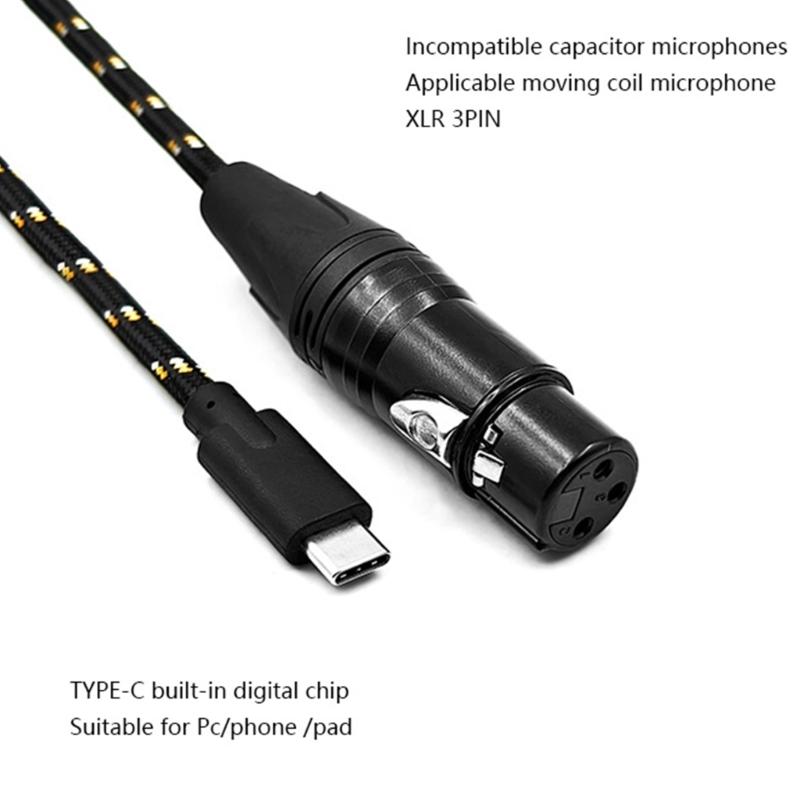 Professional USB C Male to 3Pin Female Mic Cable Dynamic Mic Recording Cord Converters Wire for Dynamic Microphones