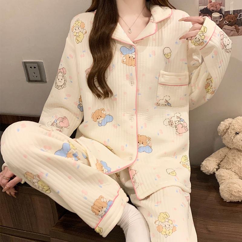 Air cotton pajamas women's autumn and winter long sleeves thickened interlayer warm stars cat student loungewear real shot