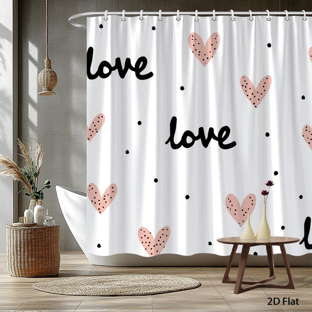 1pc Heart-patterned polka dot shower curtain, polyester fabric, with hooks, machine washable, suitable for bathroom décor.