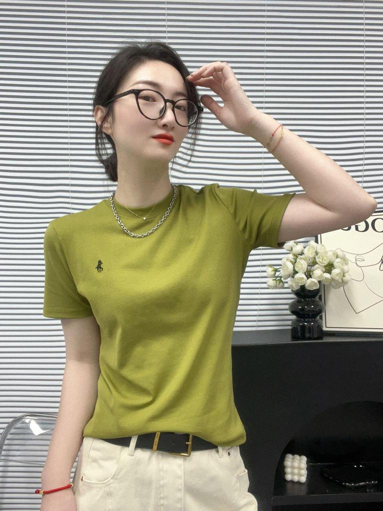 Women's Spring 2025 Embroidered Round Neck Slim Short Sleeve Top