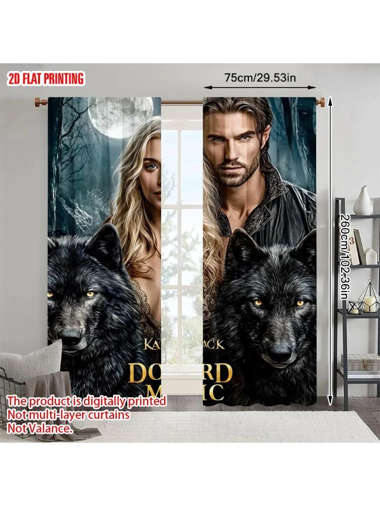 

Set Of 2 Plane Printing Curtains Digital Printed Couple Majestic Wolf Polyester Fabric Without Rod Versatile All Made W100*H70(CM)-Rod Pocket&1PCS