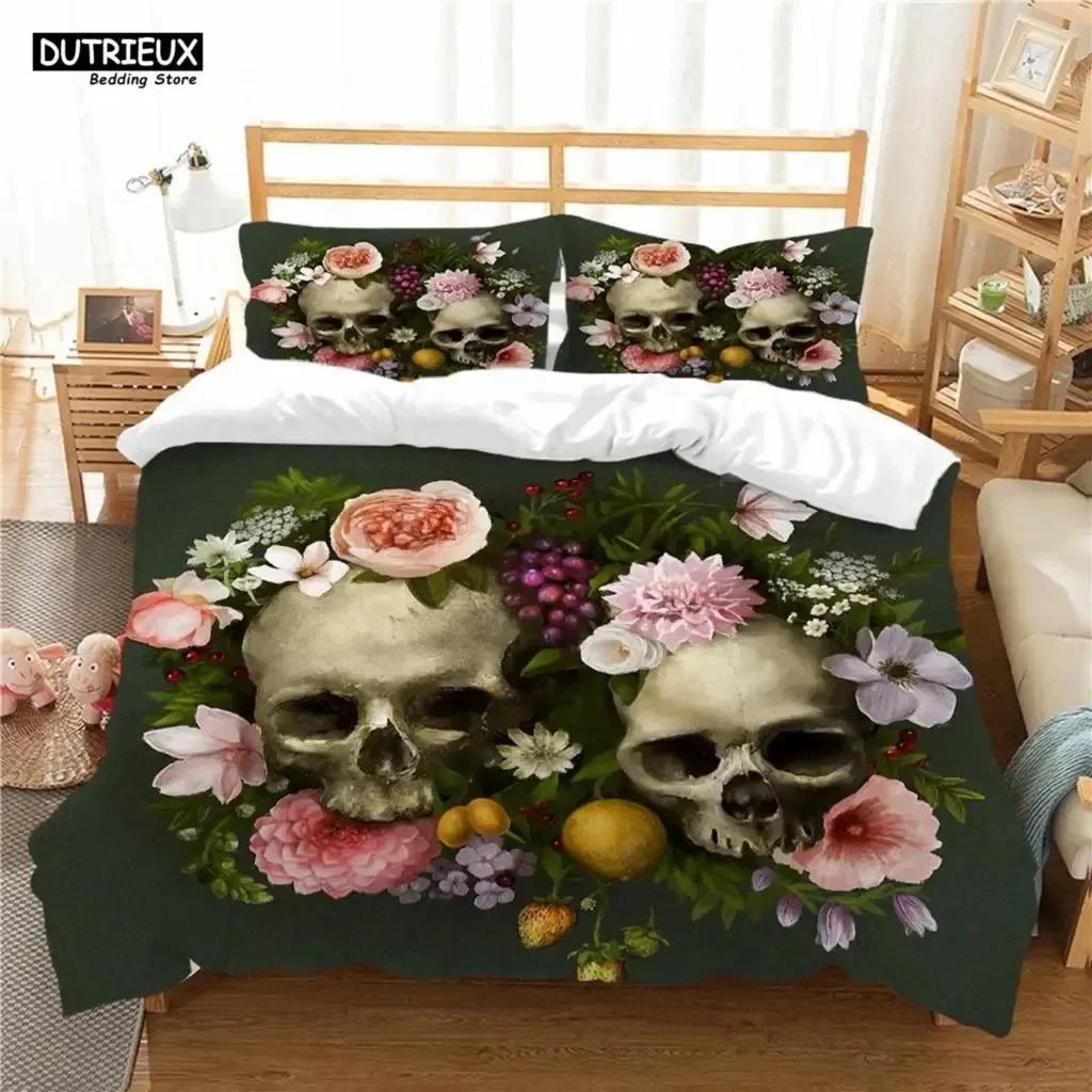 Skeleton Skull Bedding Set Queen King Full Size Duvet Cover Set With Pillowcases Rose Flower Bed Linen For Adults Teens